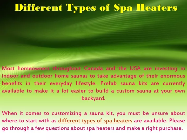 different types of spa heaters