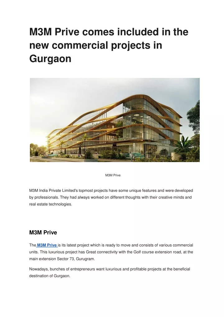 m3m prive comes included in the new commercial projects in gurgaon