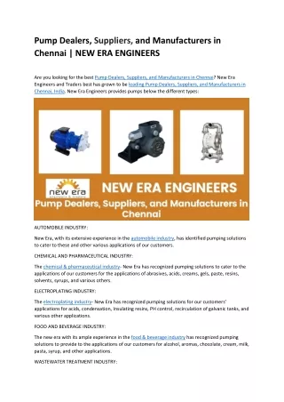 Pump Dealers, Suppliers, and Manufacturers in Chennai