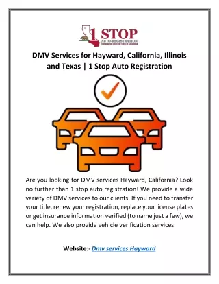 DMV Services for Hayward, California, Illinois and Texas | 1 Stop Auto Registrat