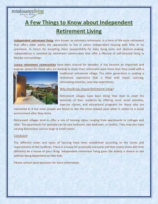 A Few Things to Know about Independent Retirement Living