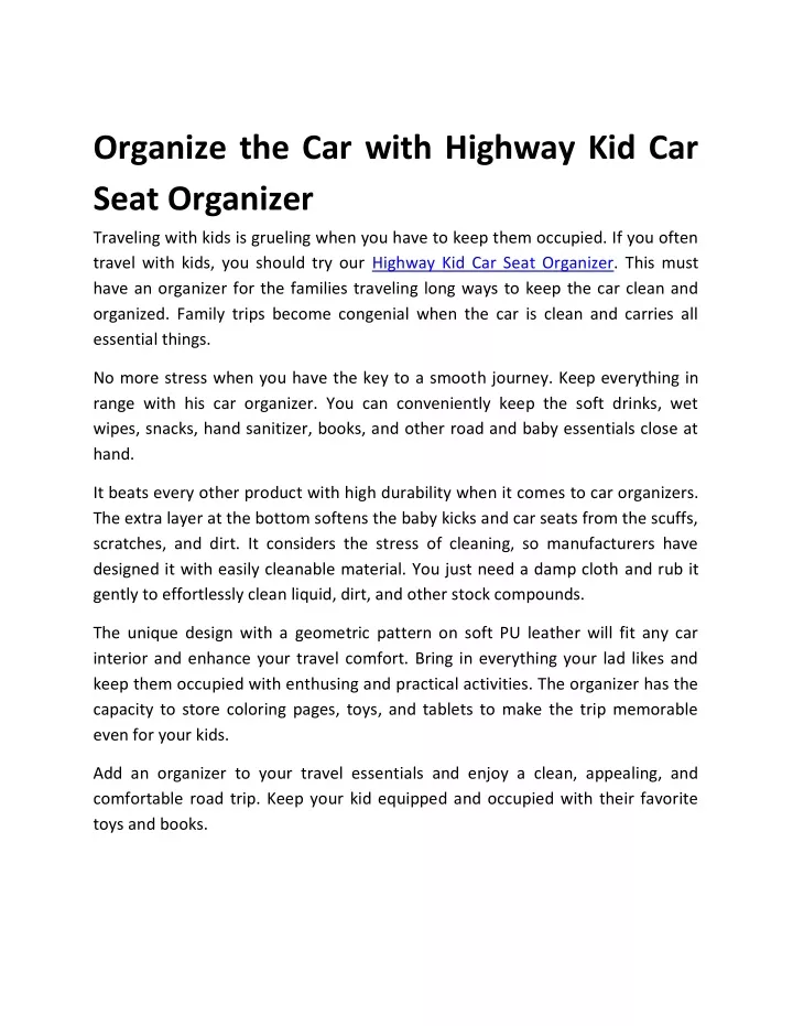 organize the car with highway kid car seat