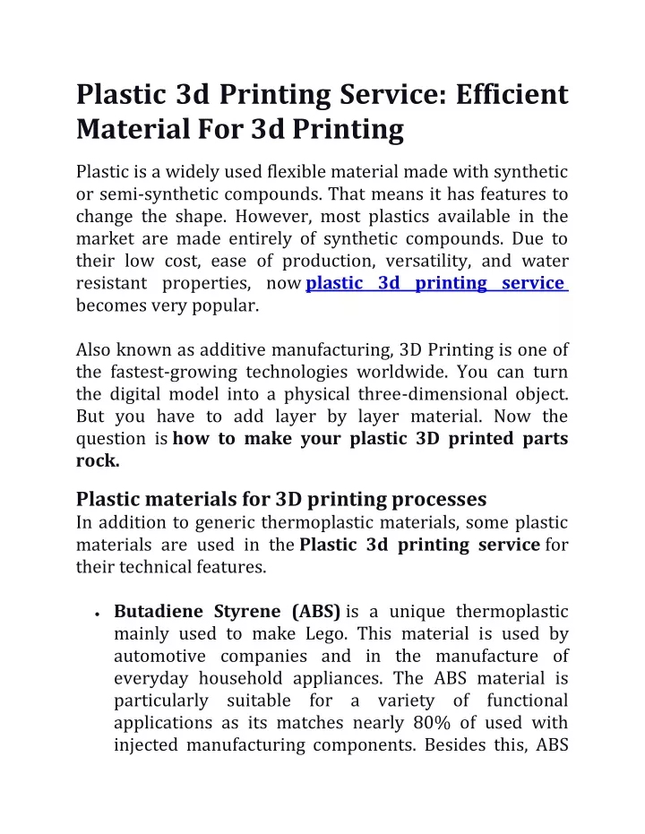 plastic 3d printing service efficient material