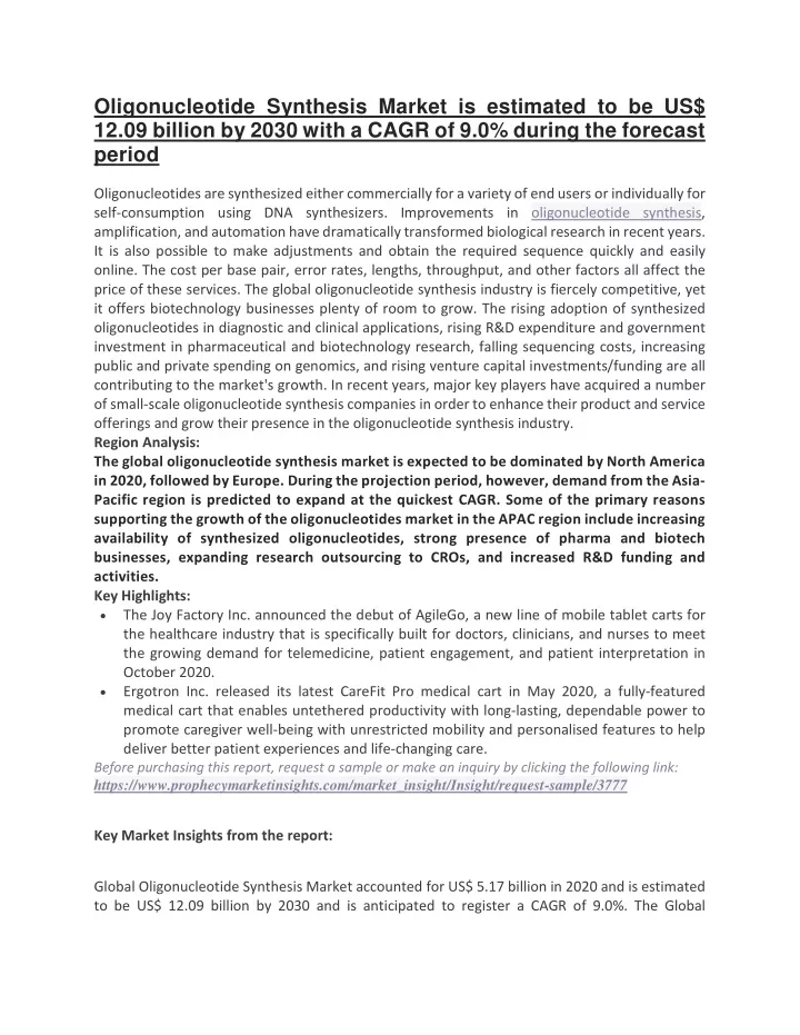 oligonucleotide synthesis market is estimated