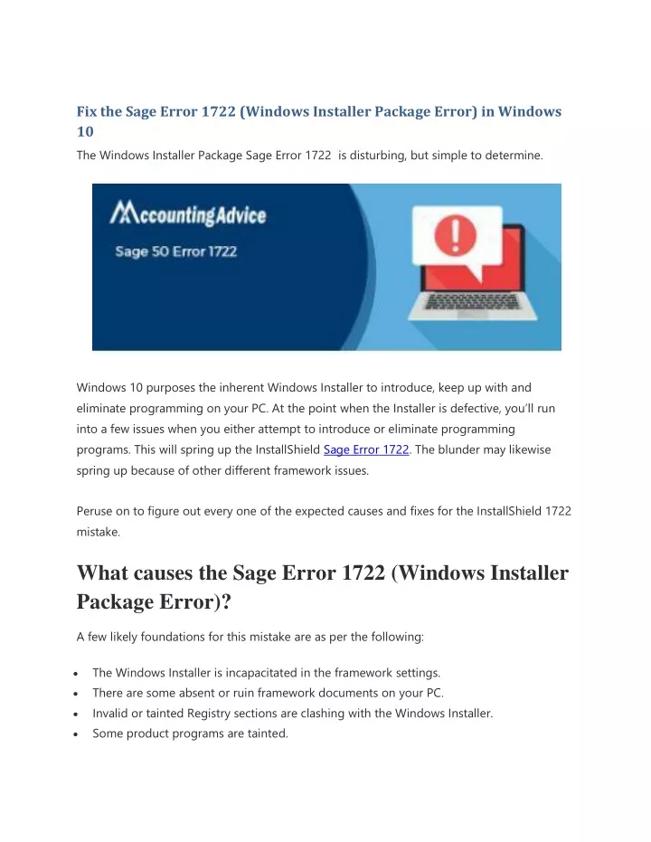 fix the sage error 1722 windows installer package