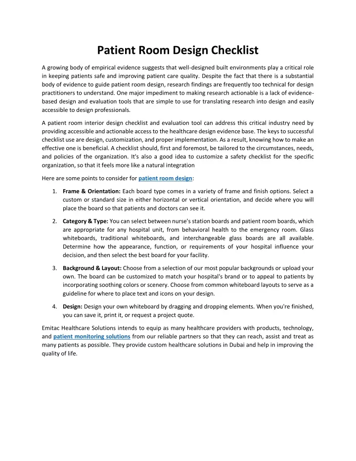 patient room design checklist