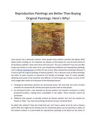 Reproduction Paintings are Better Than Buying Original Paintings Here’s Why!