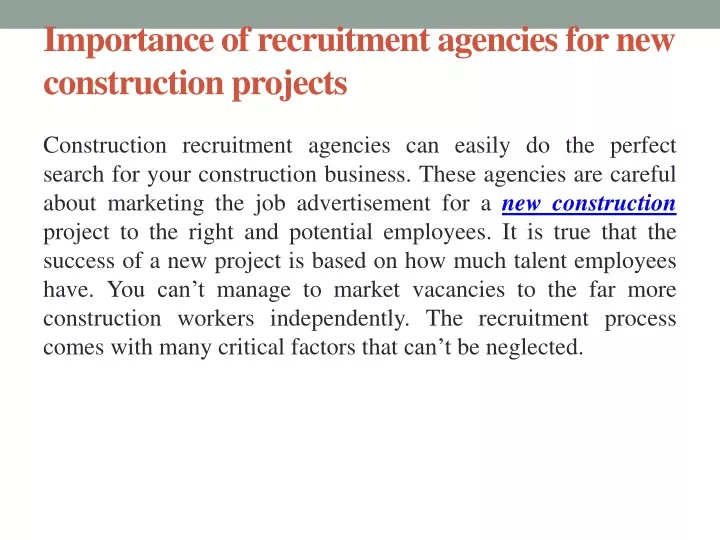 importance of recruitment agencies for new construction projects