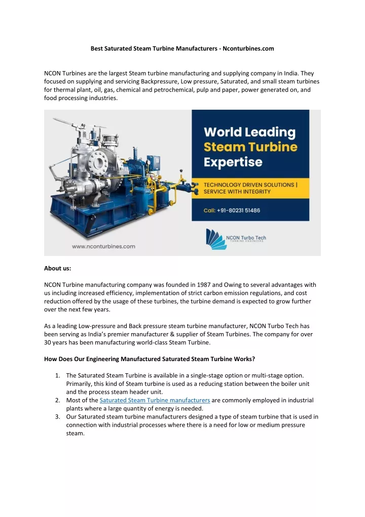 best saturated steam turbine manufacturers