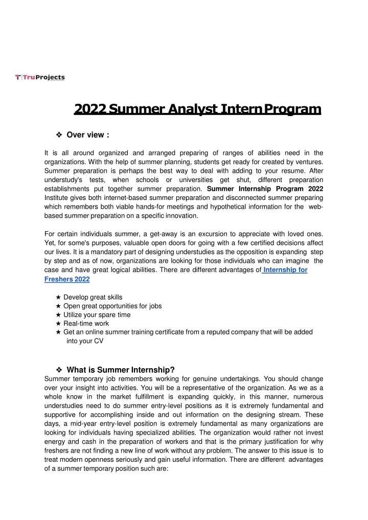 2022 summer analyst intern program over view