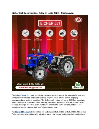 Eicher 551 Key Specification, Price & Key Specification in India 2022 - Tractorgyan