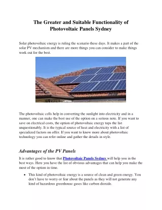 The Greater and Suitable Functionality of Photovoltaic Panels Sydney