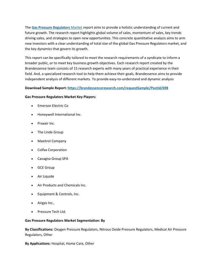 the gas pressure regulators market report aims