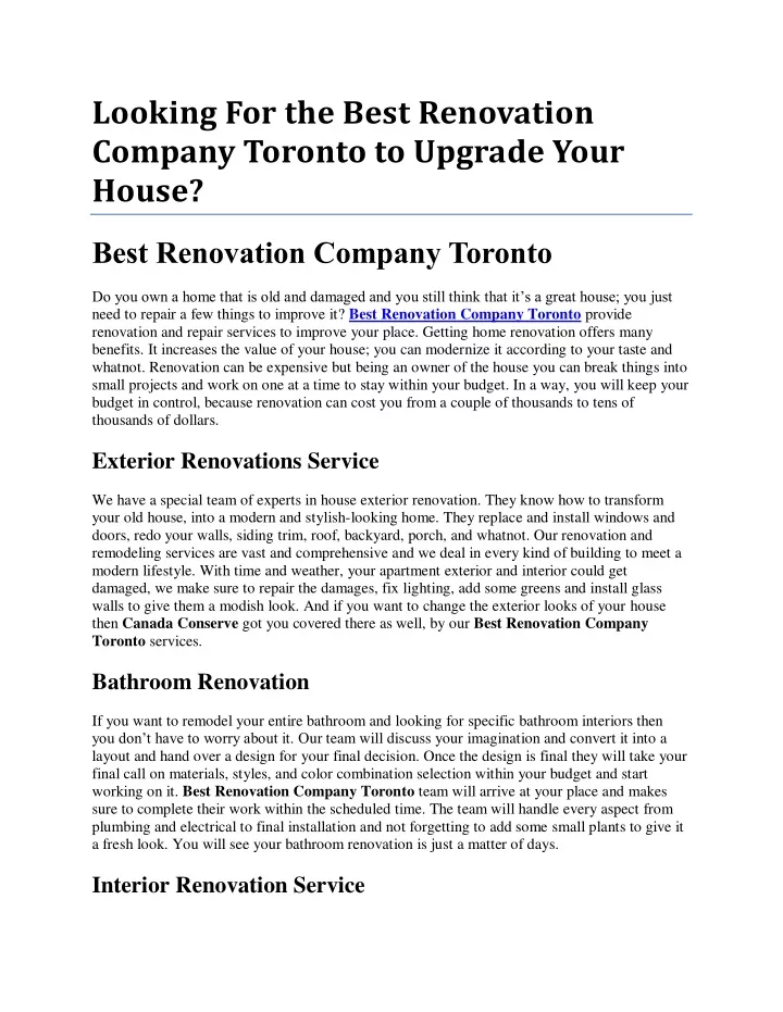 looking for the best renovation company toronto
