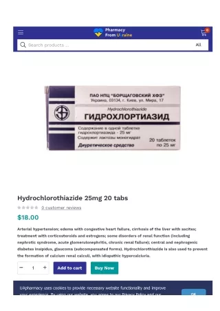 Hydrochlorothiazide 25mg 20 tabs