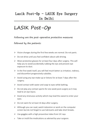 Lasik Post-Op - LASIK Eye Surgery In Delhi