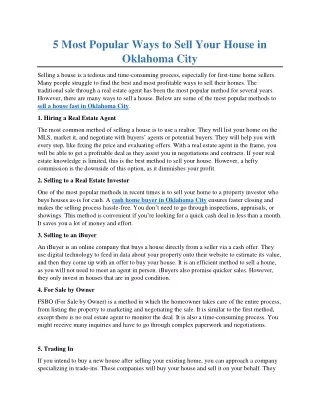 5 Most Popular Ways to Sell Your House in Oklahoma City