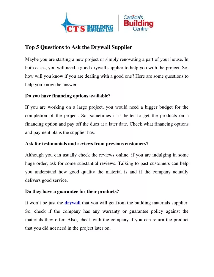 top 5 questions to ask the drywall supplier