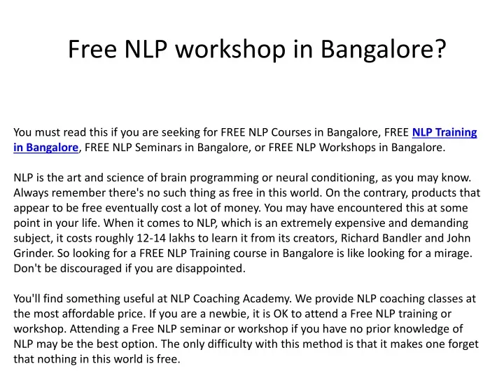 free nlp workshop i n bangalore