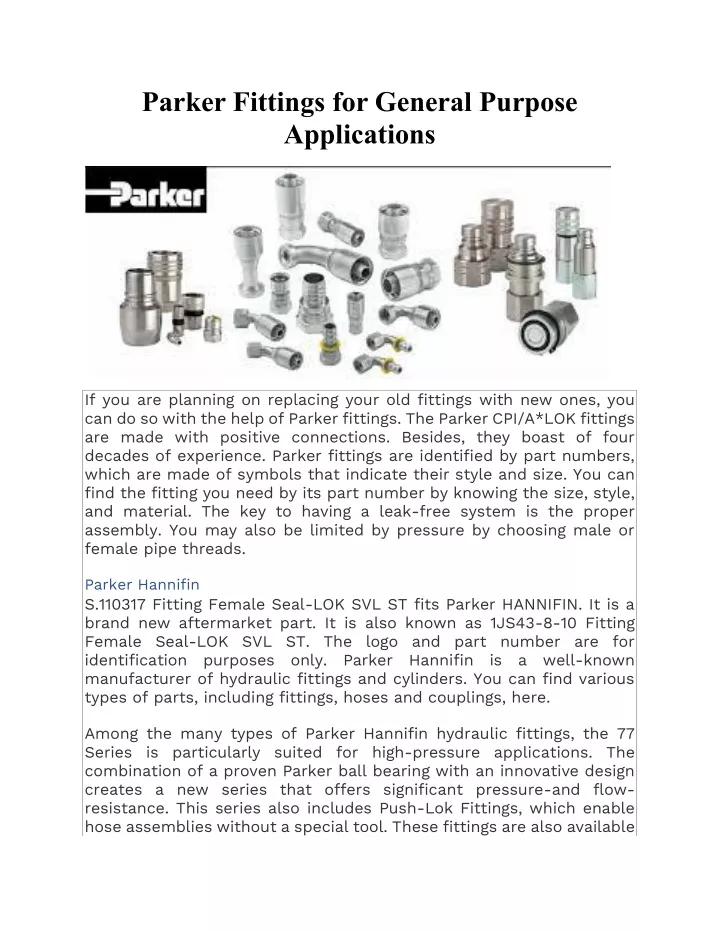 parker fittings for general purpose applications