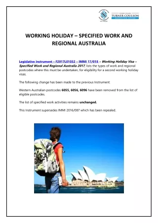 WORKING HOLIDAY – SPECIFIED WORK AND REGIONAL AUSTRALIA