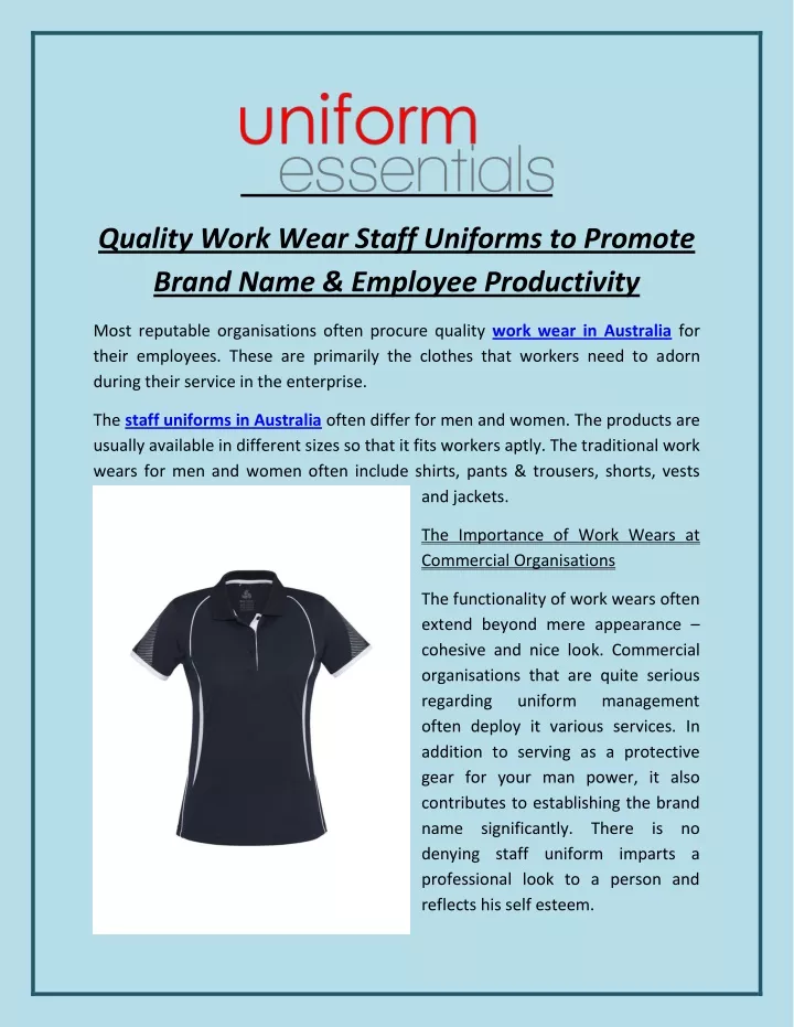quality work wear staff uniforms to promote brand