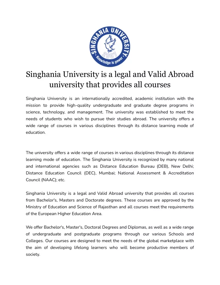 PPT - Singhania University Is A Legal And Valid Abroad University That ...