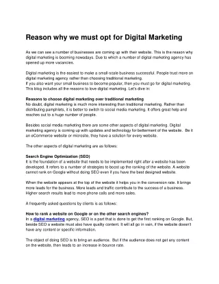 Reason Why We Must Opt For Digital Marketing