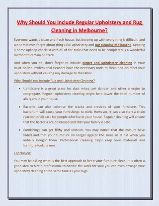 Why Should You Include Regular Upholstery and Rug Cleaning in Melbourne