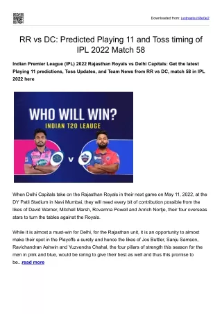 RR vs DC-Predicted Playing 11 and Toss timing of IPL 2022 Match 58