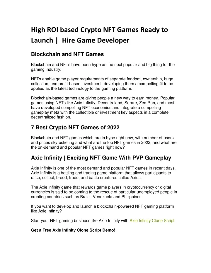 high roi based crypto nft games ready to launch