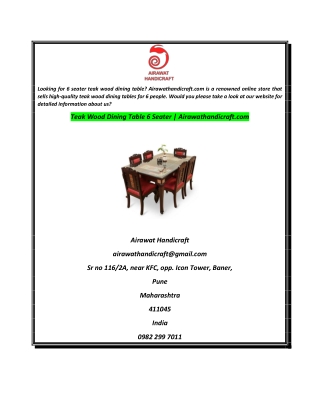 Teak Wood Dining Table 6 Seater  Airawathandicraft.com