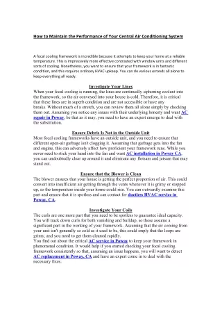 How to Maintain the Performance of Your Central Air Conditioning System