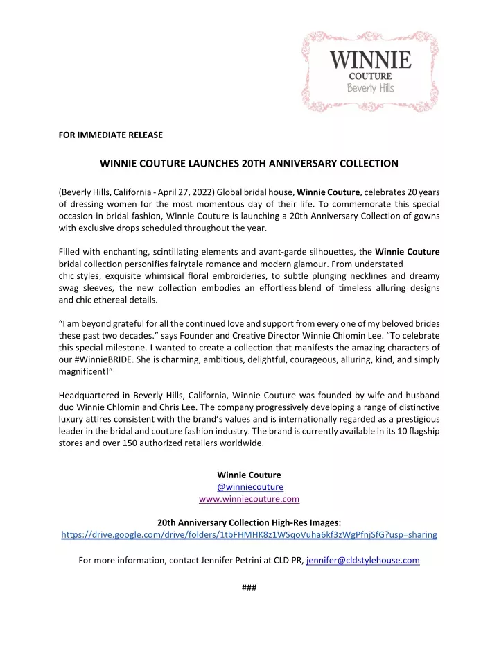 for immediate release winnie couture launches