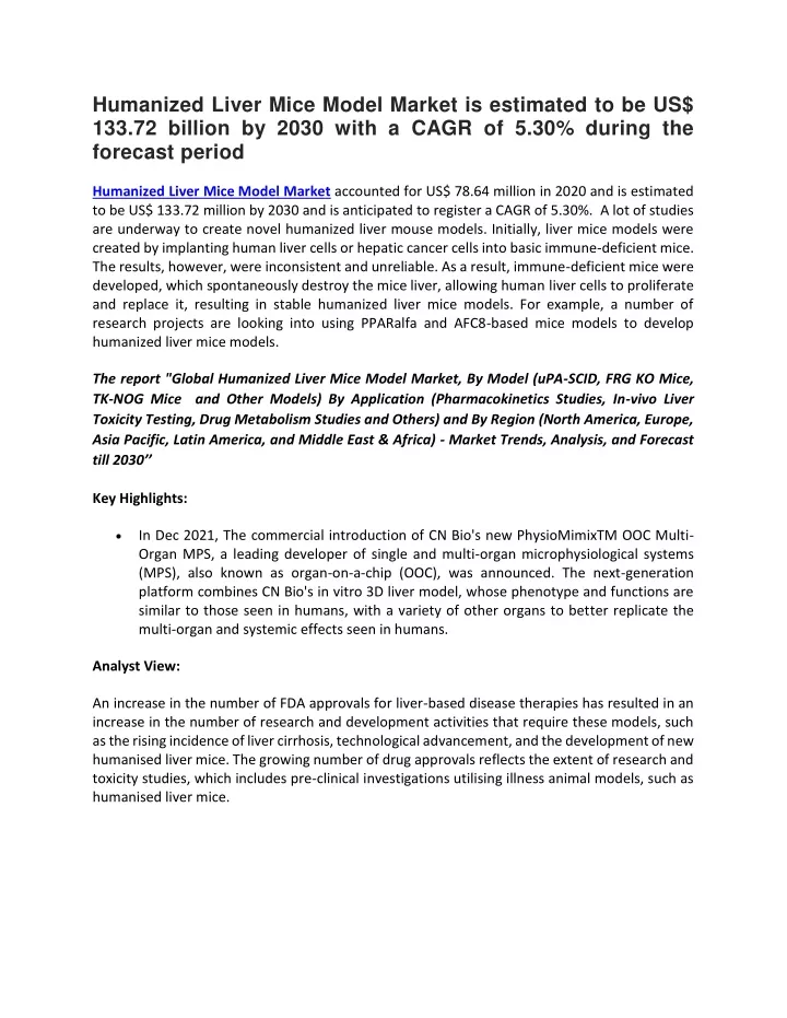 humanized liver mice model market is estimated