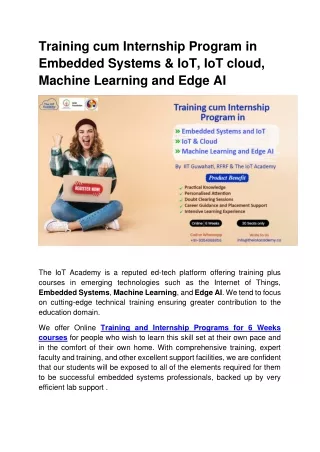 Training cum Internship Program in Embedded Systems & IoT, IoT cloud, ML