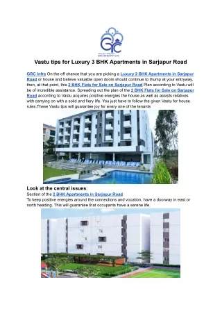 Vastu tips for Luxury 3 BHK Apartments in Sarjapur Road - GRC Infra