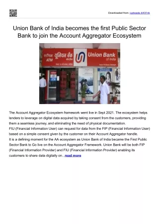 Union Bank of India becomes the first Public Sector Bank to join the Account Aggregator Ecosystem