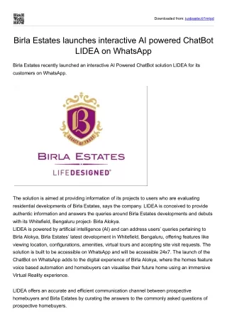 Birla Estates launches interactive AI powered ChatBot LIDEA on WhatsApp