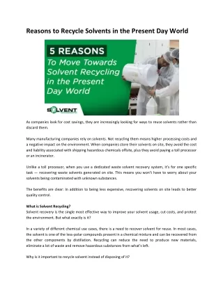 Reasons to Recycle Solvents in the Present Day World