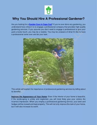 Why You Should Hire A Professional Gardener?