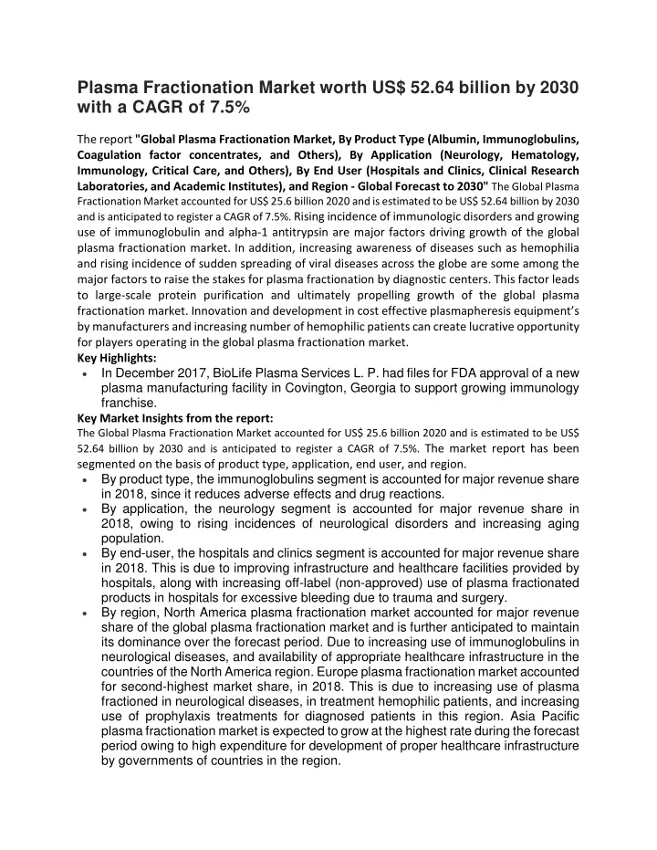 plasma fractionation market worth