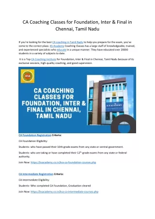 CA Coaching Classes for Foundation, Inter & Final in Chennai, Tamil Nadu