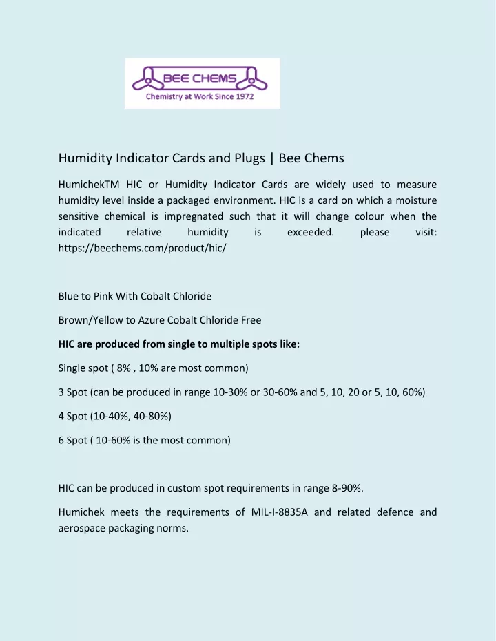 humidity indicator cards and plugs bee chems