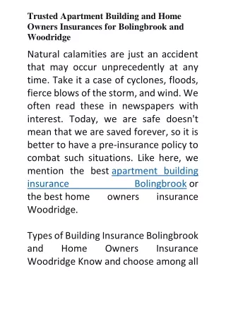 Apartment Building and Home Owners Insurances for Bolingbrook and Woodridge