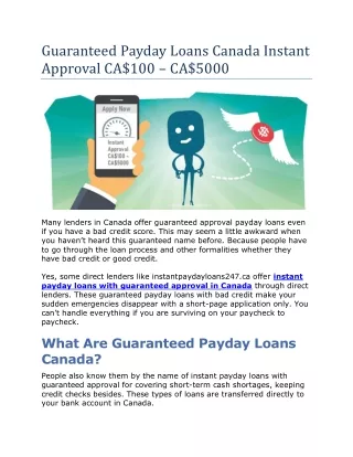 Guaranteed Payday Loans Canada Instant Approval CA100 - CA5000
