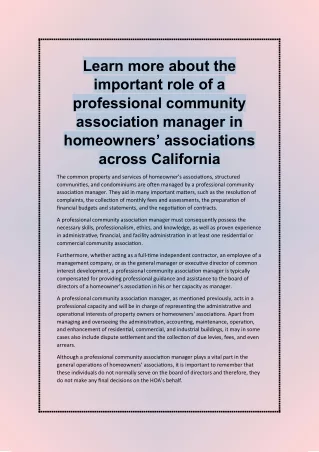 Learn more about the important role of a professional community association manager in homeowners’ associations across C
