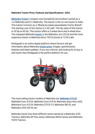 mahindra tractor price features