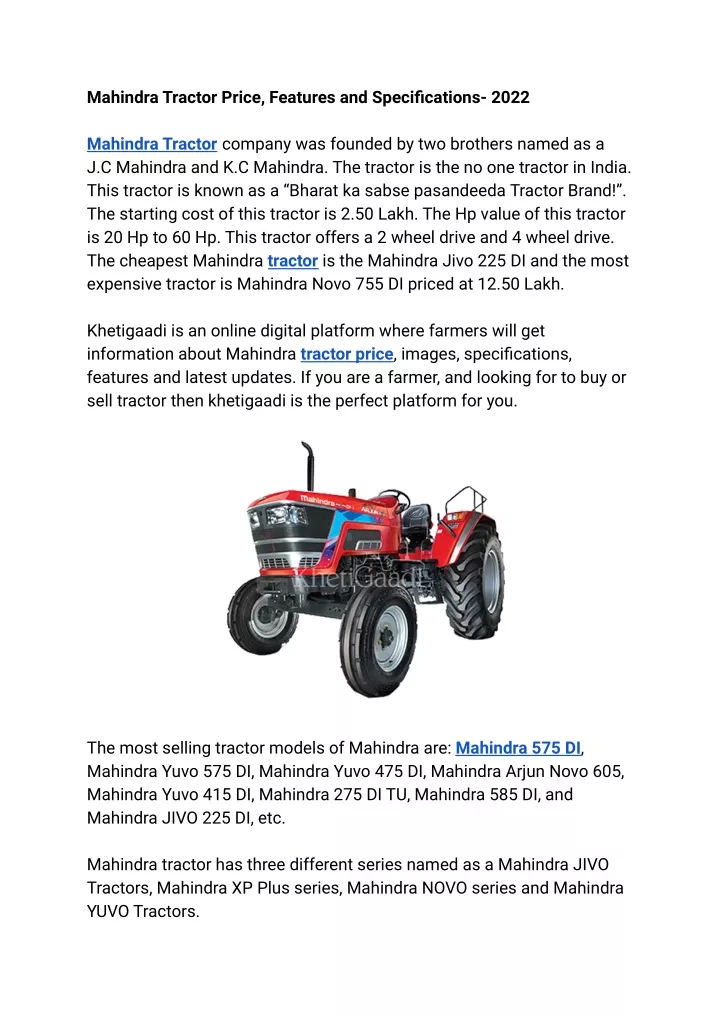 mahindra tractor price features