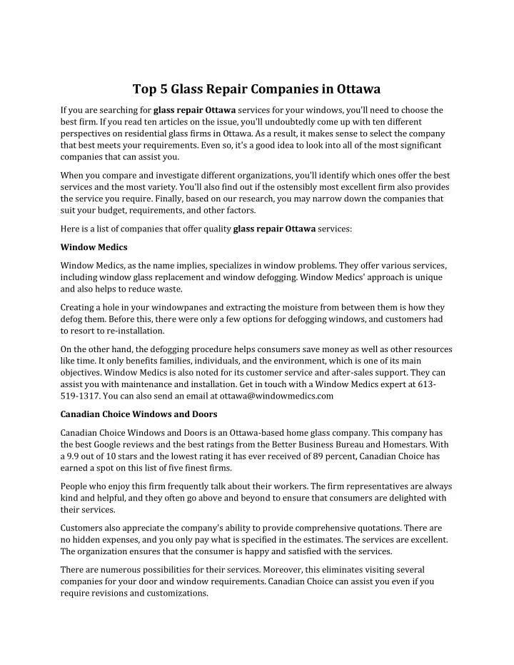 top 5 glass repair companies in ottawa